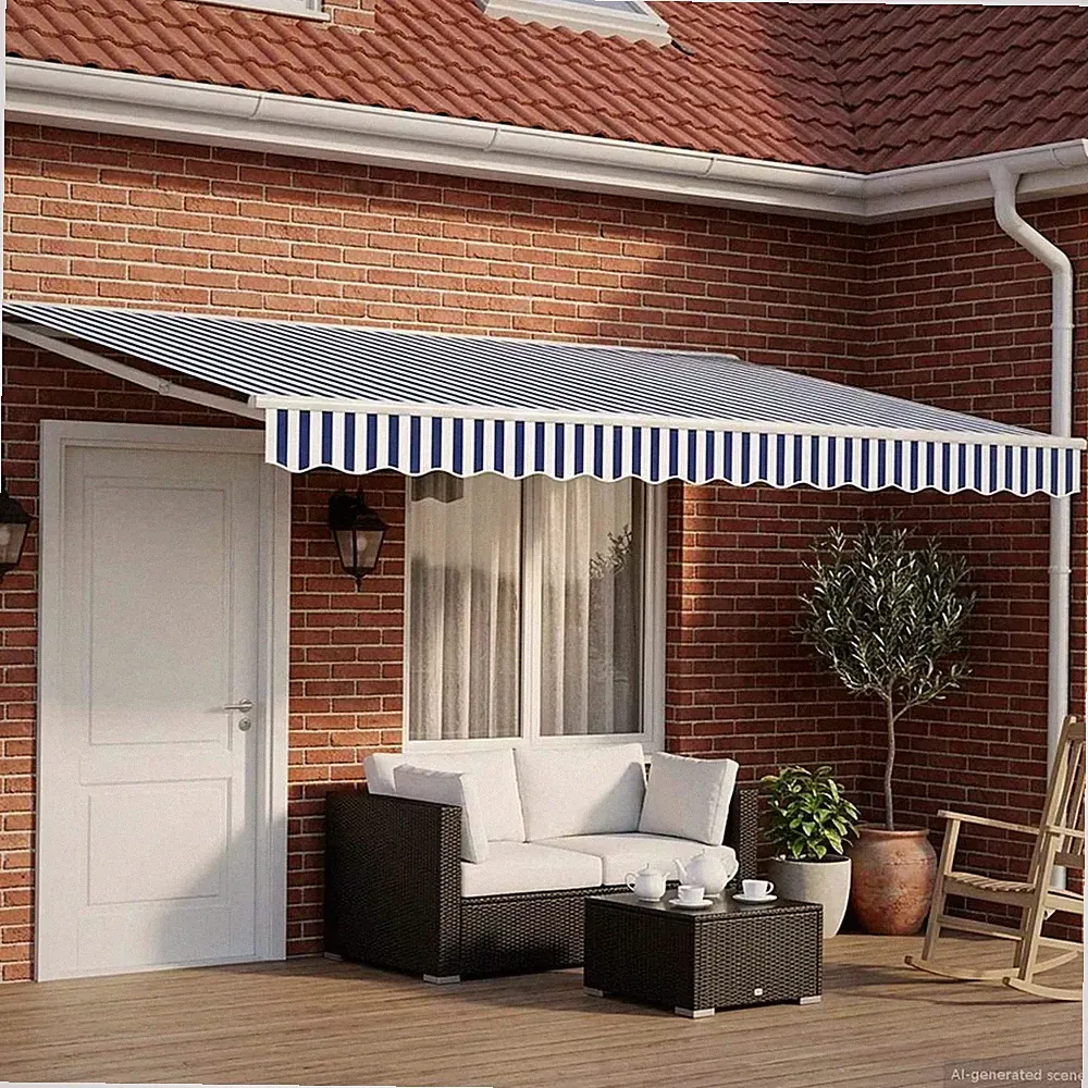 Markise blau & weiß 4x3,5m Polyester PU beschichtet Halbkassette LED manuell GartenUK