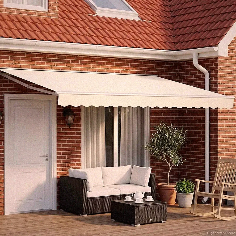 Sonnensegel Creme & Weiß 4,5x3,5m Polyester PU Halbkassette LED manuell/Fernbedienung weiß