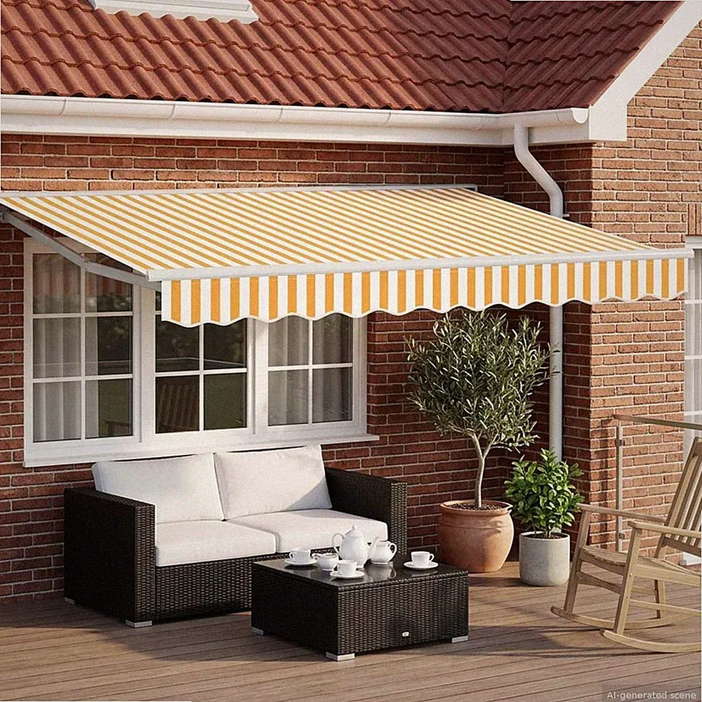 Sonnensegel gelb weiß 3,5x2,5m Polyester PU beschichtet Halbkassette mit LEDs manuell.